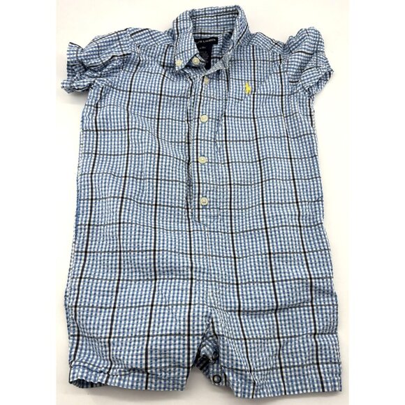 Ralph Lauren Infant Boys Blue Plaid Short Sleeve Romper XL 18-24 Months 100% Cot - Picture 1 of 3